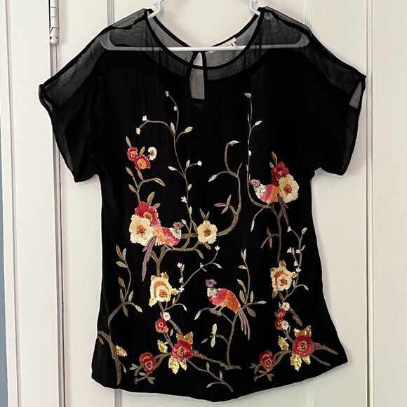 Floreat anthropologie blouse size small sequin embellished sheer floral bird - Picture 2 of 11